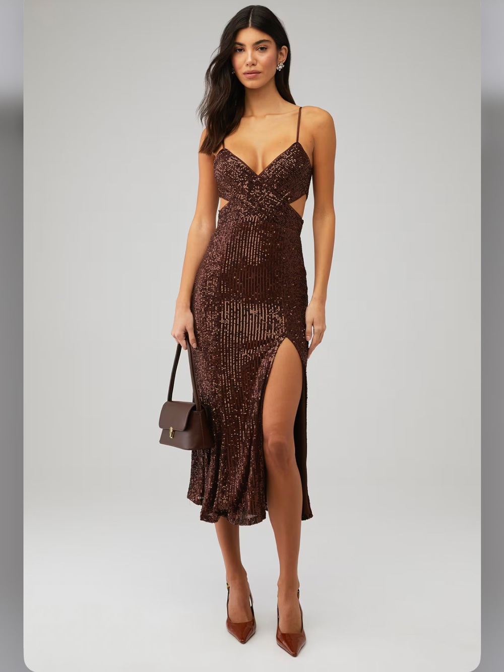 SAYLOR Espresso HARMONIE Cut-out SEQUIN Slit COCKTAIL Midi DRESS Size Small